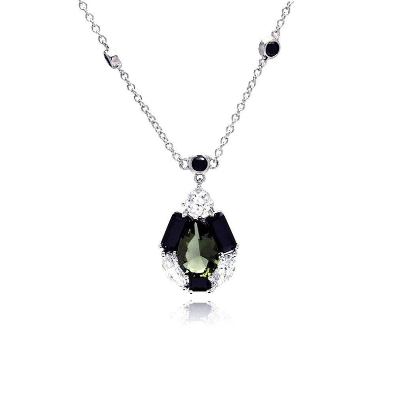 Closeout-Silver 925 Rhodium Plated Green Center Teardrop Black Baguette CZ Necklace - BGP00342 | Silver Palace Inc.