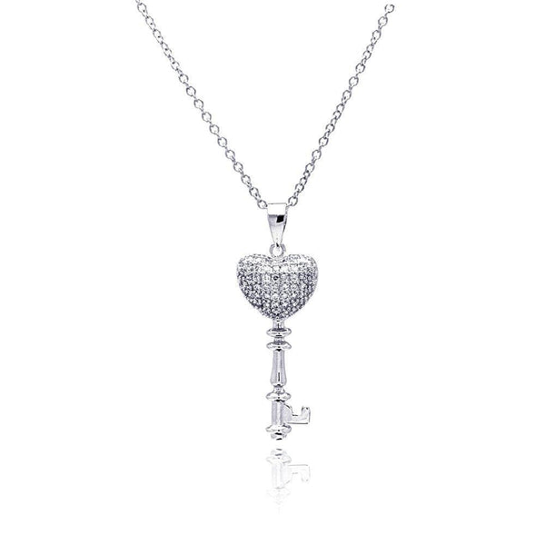 Silver 925 Rhodium Plated Heart Key CZ Necklace - BGP00366 | Silver Palace Inc.