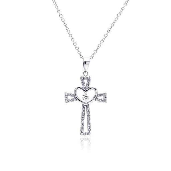 Silver 925 Rhodium Plated Heart Open Cross CZ Necklace - BGP00368 | Silver Palace Inc.