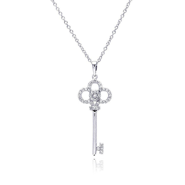 Silver 925 Rhodium Plated Clear CZ Key Pendant Necklace - BGP00374 | Silver Palace Inc.