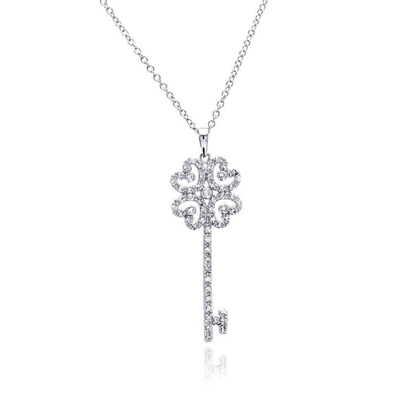 Silver 925 Rhodium Plated Open Heart Key CZ Necklace - BGP00375 | Silver Palace Inc.