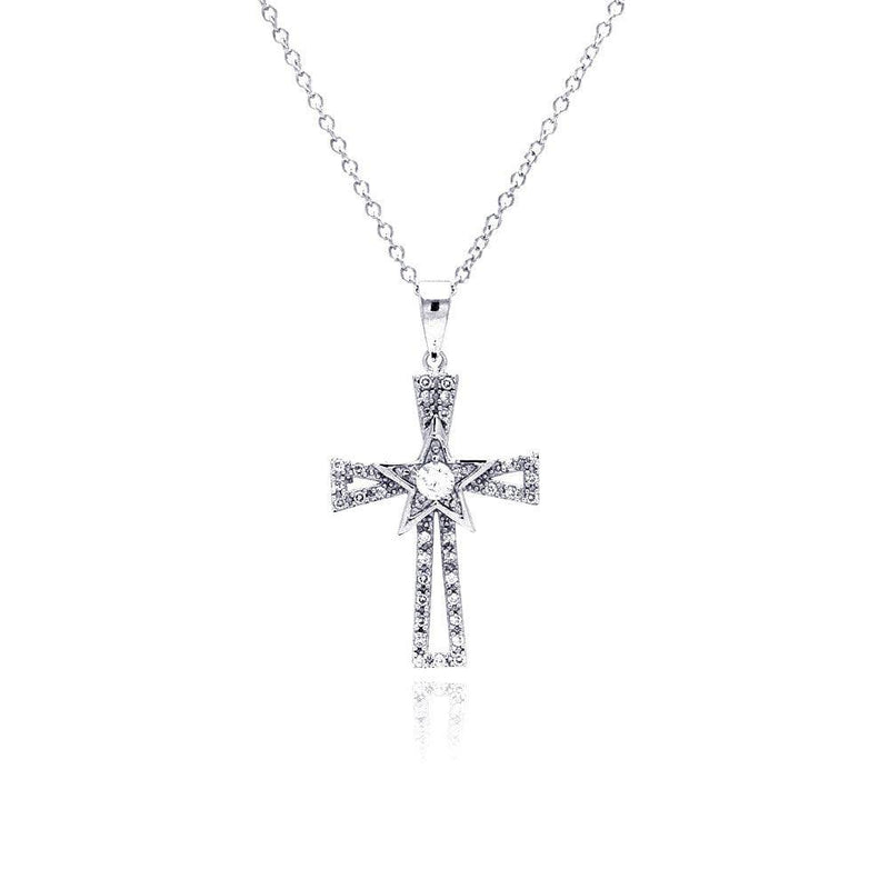 Silver 925 Rhodium Plated Cross Open CZ Necklace - BGP00376 | Silver Palace Inc.