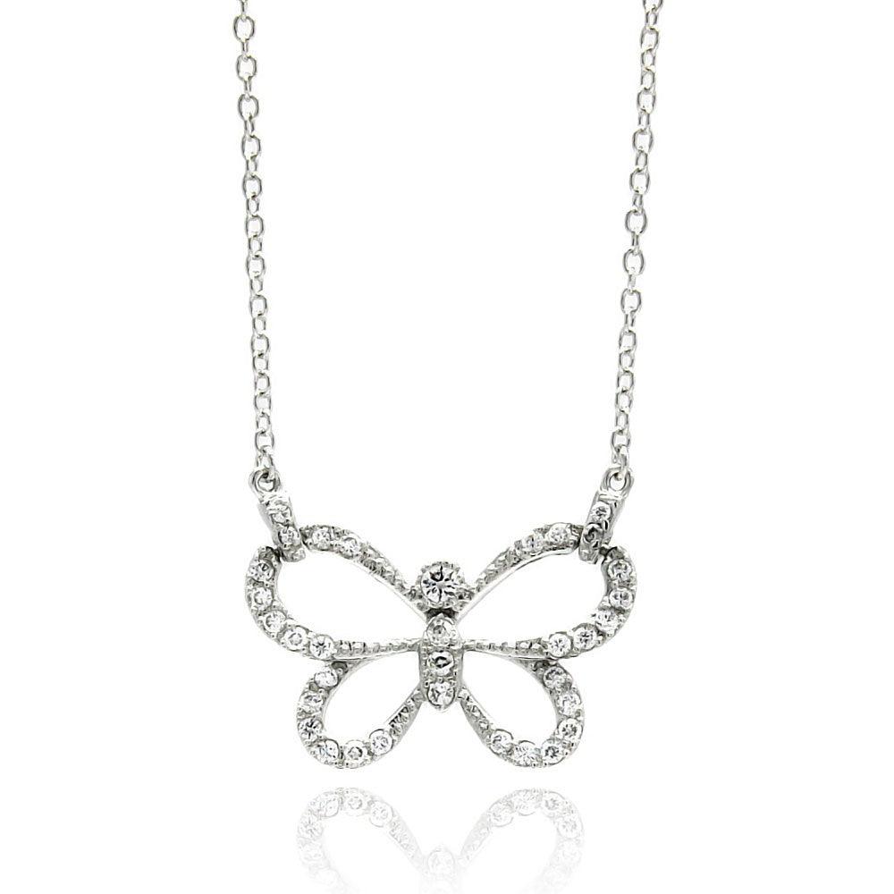 Silver 925 Rhodium Plated Open Butterfly CZ Necklace - BGP00427 | Silver Palace Inc.