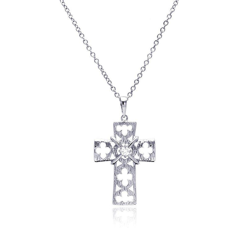 Silver 925 Rhodium Plated Open Clover Leaf Cross CZ Necklace - BGP00429 | Silver Palace Inc.