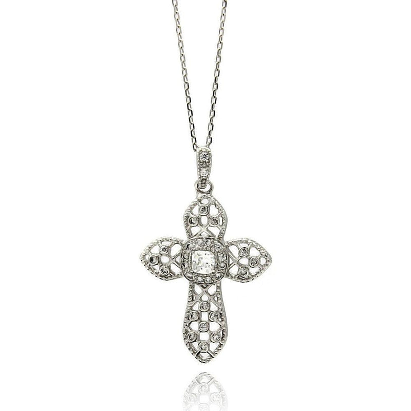 Silver 925 Rhodium Plated Net Cross CZ Necklace - BGP00431 | Silver Palace Inc.