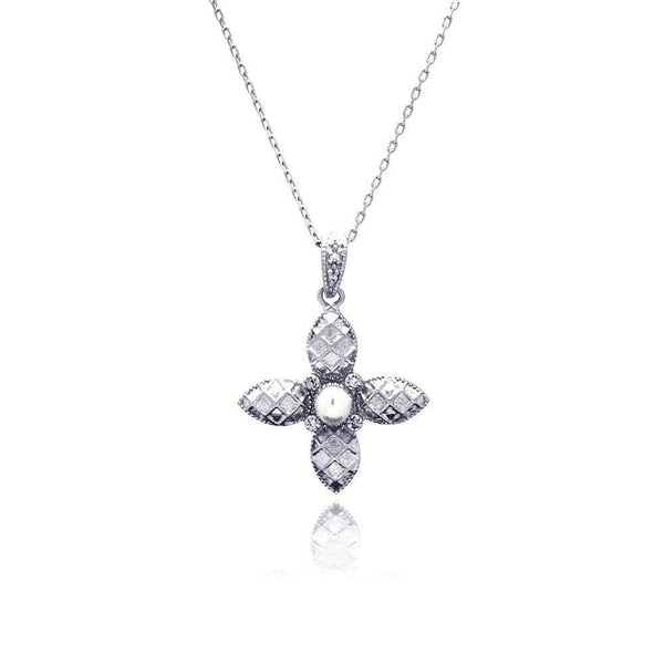 Closeout-Silver 925 Rhodium Plated Flower CZ Center Pearl Necklace - BGP00432 | Silver Palace Inc.