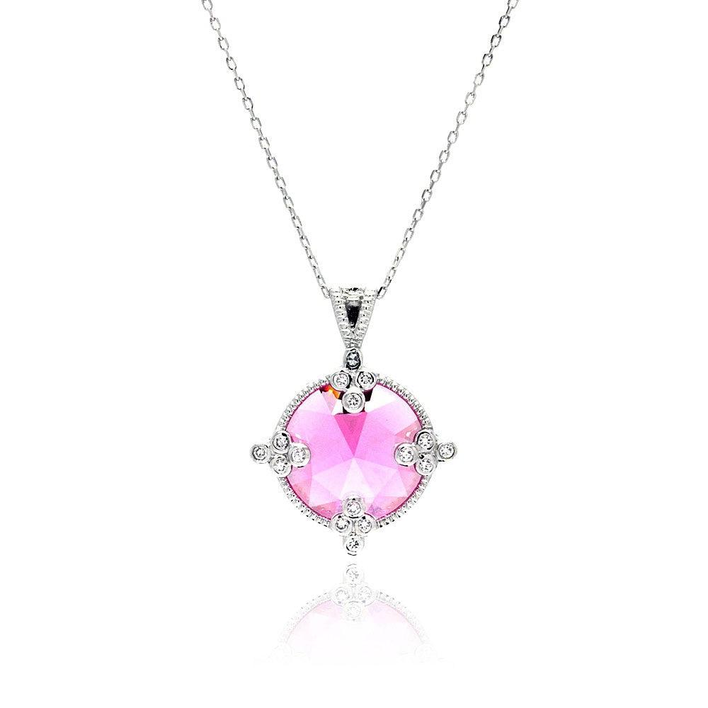 Silver 925 Rhodium Plated Pink Round CZ Necklace - BGP00447 | Silver Palace Inc.