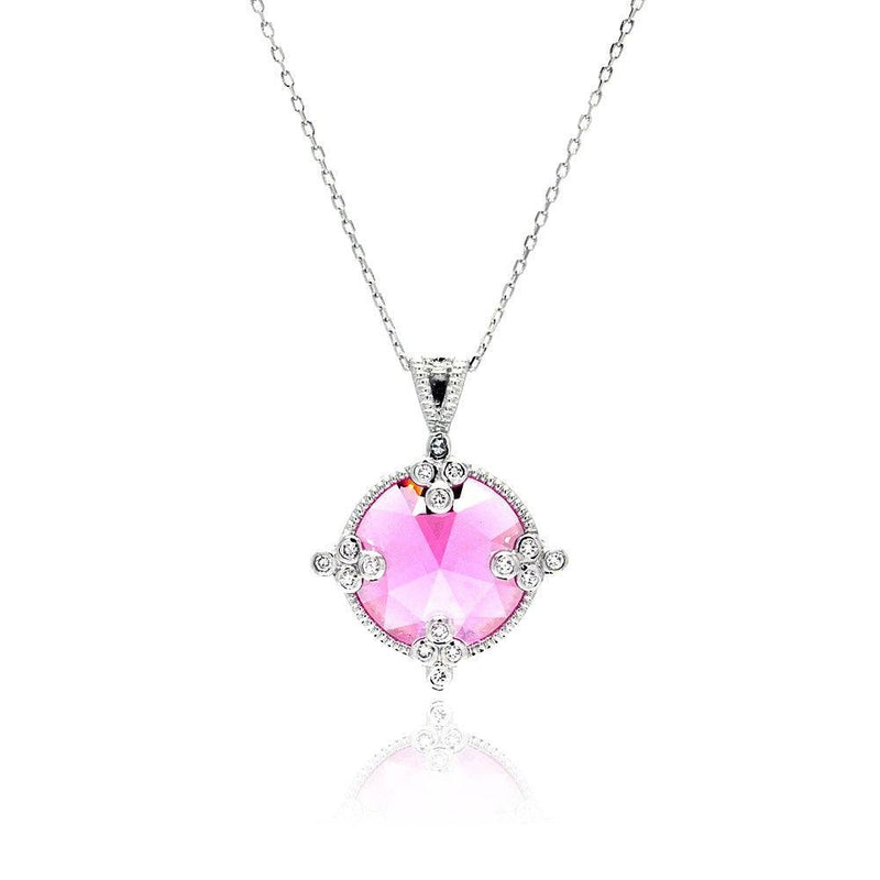 Silver 925 Rhodium Plated Pink Round CZ Necklace - BGP00447 | Silver Palace Inc.