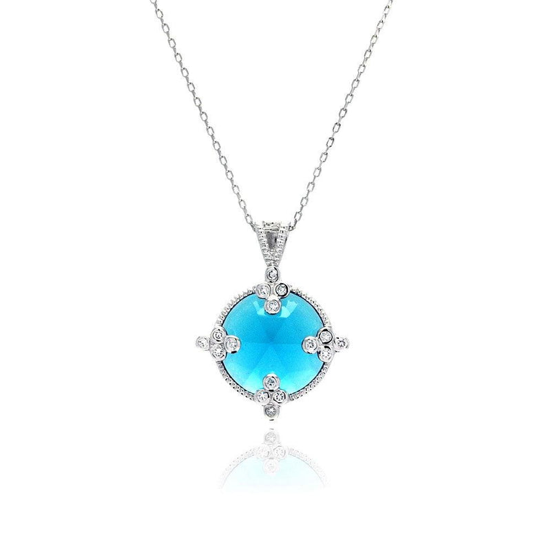 Silver 925 Rhodium Plated Round Blue CZ Necklace - BGP00449 | Silver Palace Inc.