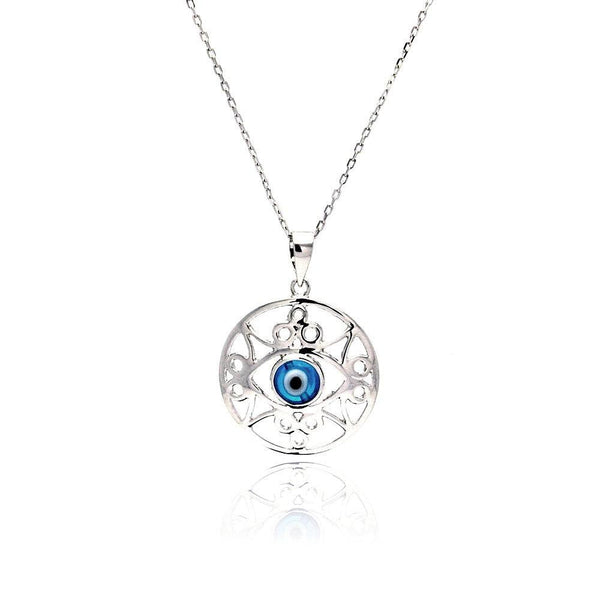 Silver 925 Rhodium Plated Outline Disc Evil Eye CZ Necklace - BGP00461 | Silver Palace Inc.