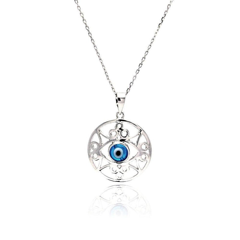 Silver 925 Rhodium Plated Outline Disc Evil Eye CZ Necklace - BGP00461 | Silver Palace Inc.