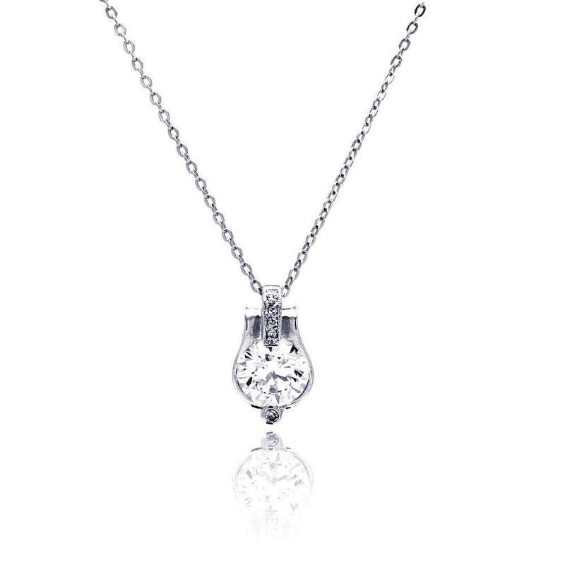 Silver 925 Rhodium Plated Center Round CZ Necklace - BGP00473 | Silver Palace Inc.