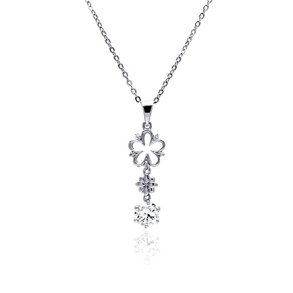 Silver 925 Rhodium Plated Open Flower CZ Hanging Necklace - BGP00476 | Silver Palace Inc.