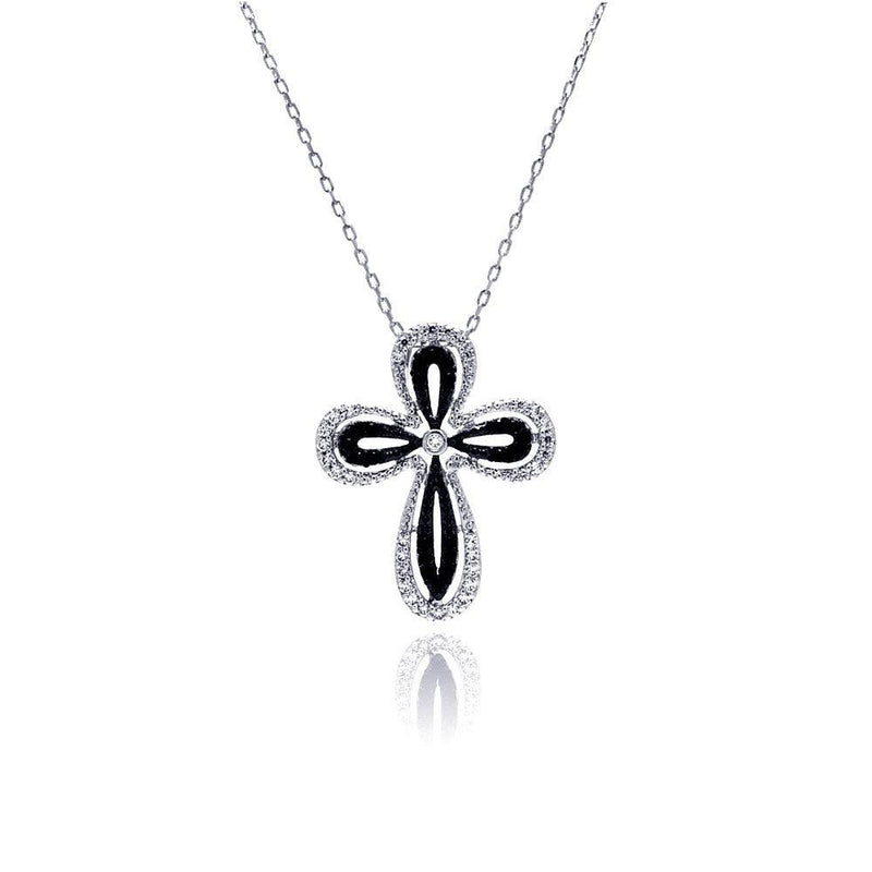 Silver 925 Rhodium Plated Open Black and Clear Cross CZ Necklace - BGP00482 | Silver Palace Inc.