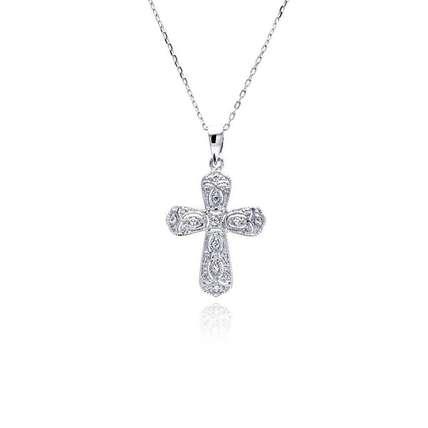 Silver 925 Rhodium Plated Cross CZ Necklace - BGP00483 | Silver