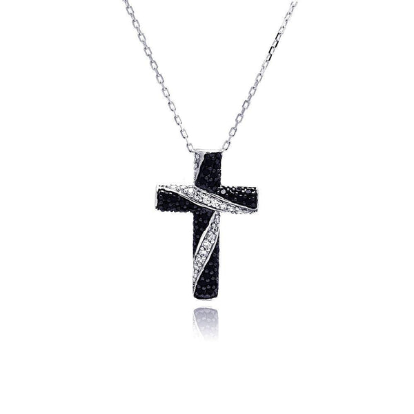 Silver 925 Rhodium Plated Black and Clear Cross CZ Necklace - BGP00487 | Silver Palace Inc.
