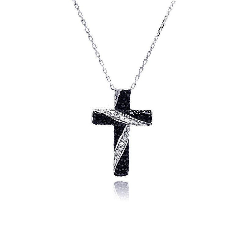 Silver 925 Rhodium Plated Black and Clear Cross CZ Necklace - BGP00487 | Silver Palace Inc.