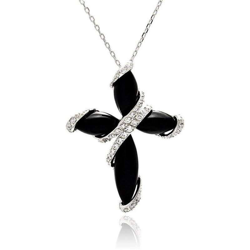 Silver 925 Rhodium Plated Black Onyx Cross CZ Necklace - BGP00488 | Silver Palace Inc.