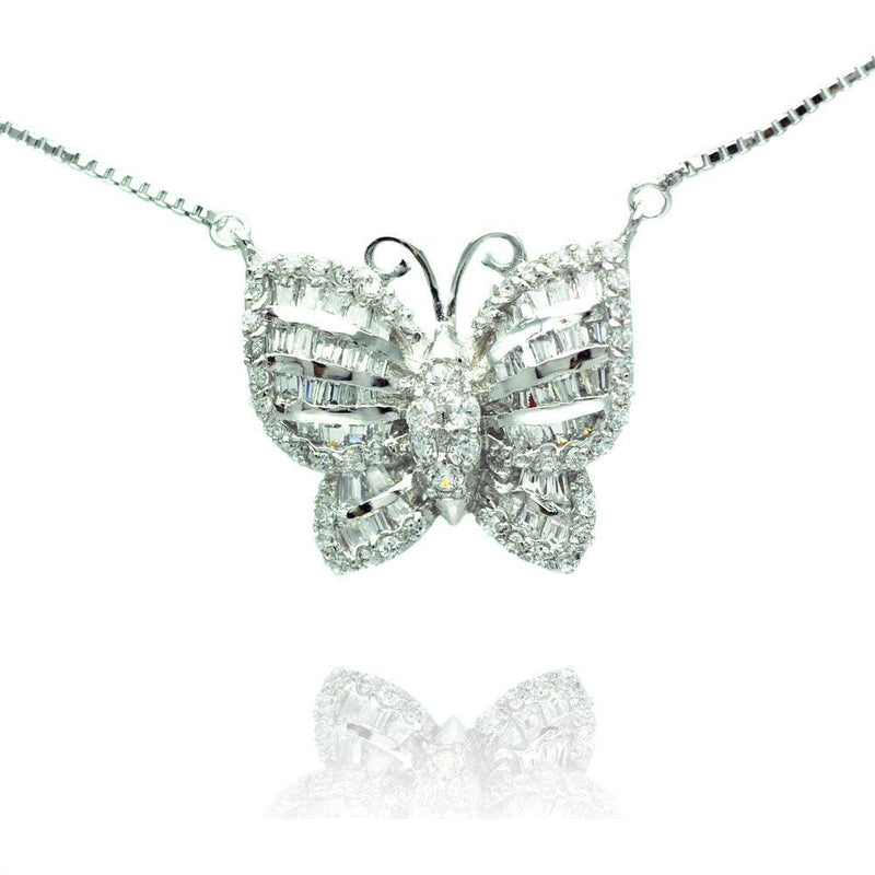 Silver 925 Rhodium Plated Pave Butterfly CZ Necklace - BGP00496 | Silver Palace Inc.