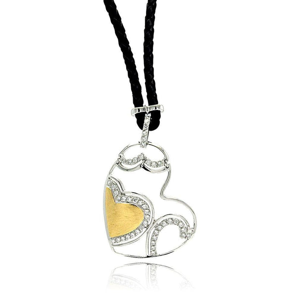 Closeout-Silver 925 Rhodium Plated Two Tone Heart CZ Leather Cord Necklace - BGP00498 | Silver Palace Inc.