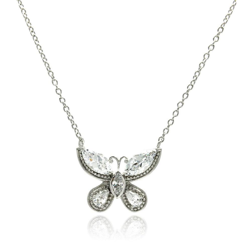 Silver 925 Rhodium Plated Butterfly CZ Necklace - BGP00502 | Silver Palace Inc.