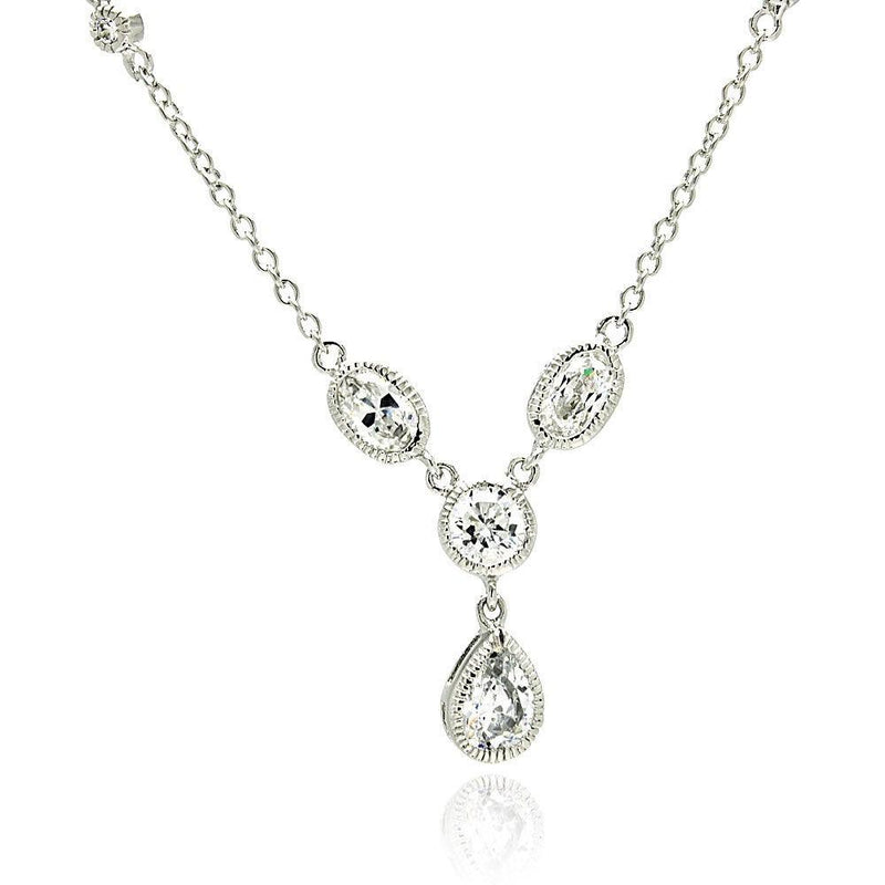 Silver 925 Rhodium Plated Teardrop Round Oval Clear CZ Necklace - BGP00503 | Silver Palace Inc.