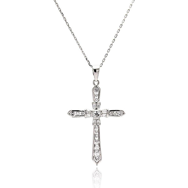 Silver 925 Rhodium Plated Cross CZ Necklace - BGP00511 | Silver Palace Inc.