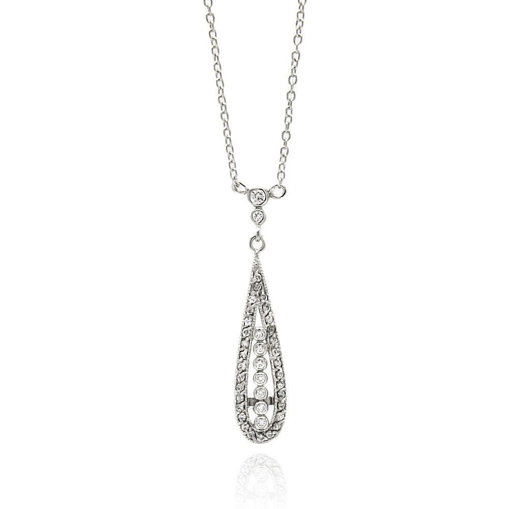 Silver 925 Rhodium Plated Long Teardrop CZ Necklace - BGP00513 | Silver Palace Inc.