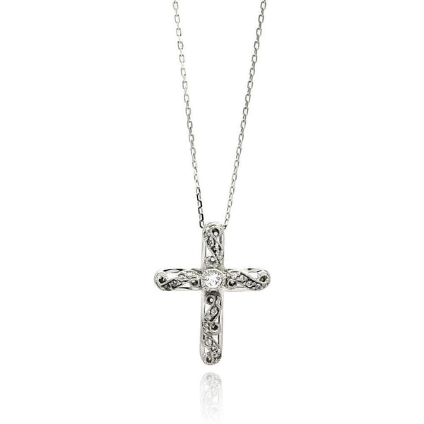 Silver 925 Rhodium Plated Wave Cross CZ Necklace - BGP00523 | Silver Palace Inc.