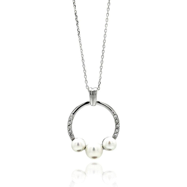 Silver 925 Rhodium Plated Open Circle Fresh Water Pearl Necklace - BGP00556 | Silver Palace Inc.