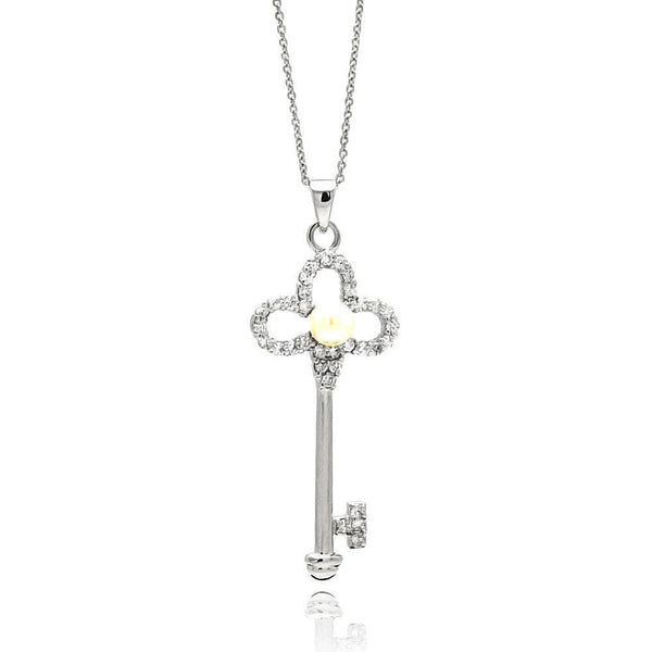 Silver 925 Rhodium Plated Open Flower Key CZ Center Pearl Necklace - BGP00562 | Silver Palace Inc.