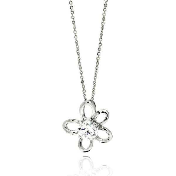 Closeout-Silver 925 Rhodium Plated Open Flower Center CZ Necklace - BGP00565 | Silver Palace Inc.