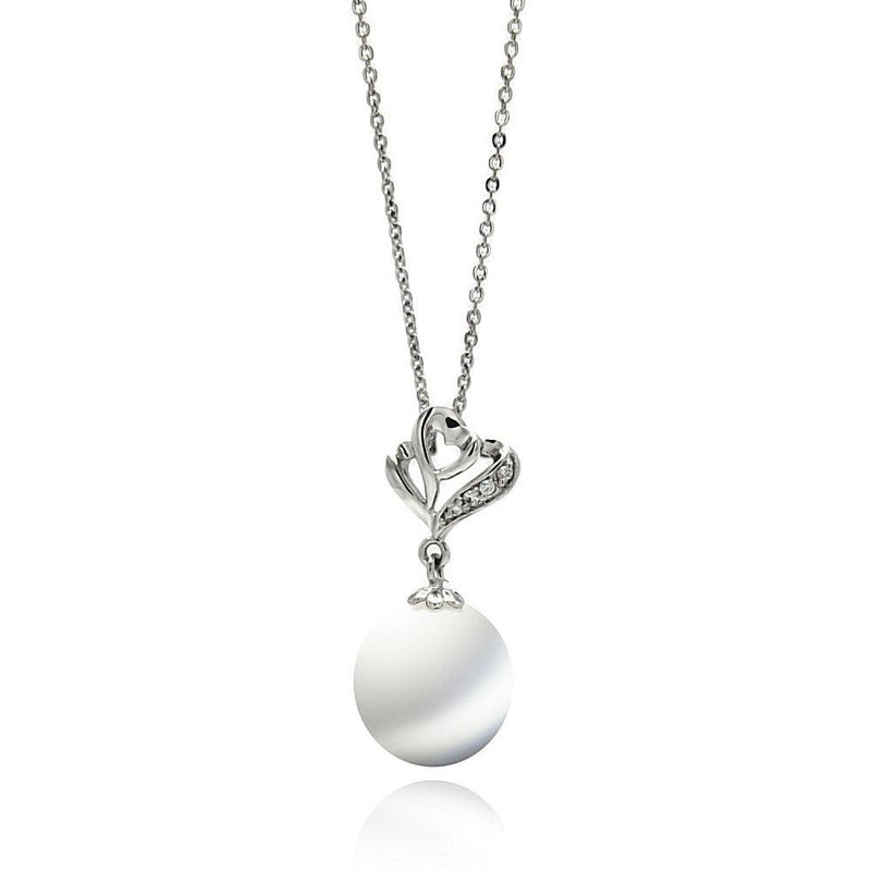 Silver 925 Rhodium Plated Open Heart CZ Hanging Pearl Necklace - BGP00569 | Silver Palace Inc.