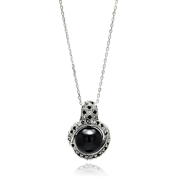 Closeout-Silver 925 Rhodium Plated Round CZ Black Center Pearl Necklace - BGP00573 | Silver Palace Inc.