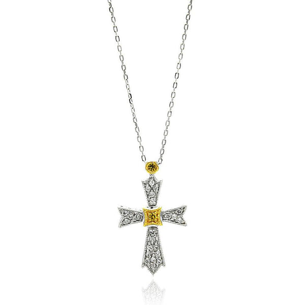 Silver 925 Gold and Rhodium Plated Cross Two Toned CZ Necklace - BGP00575 | Silver Palace Inc.