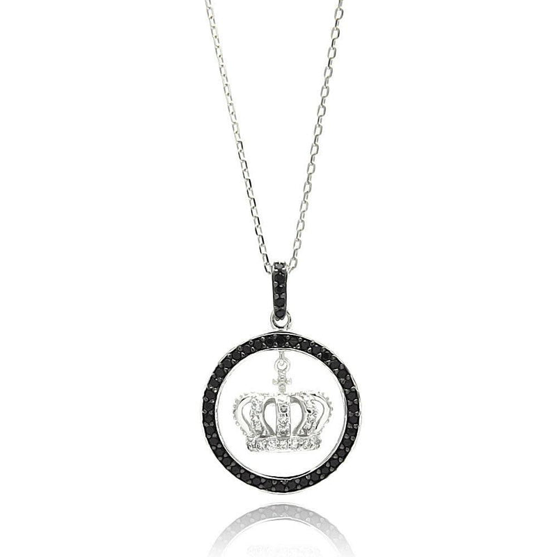 Silver 925 Rhodium Plated Round Open Disc Black Border CZ Center Crown Necklace - BGP00581 | Silver Palace Inc.