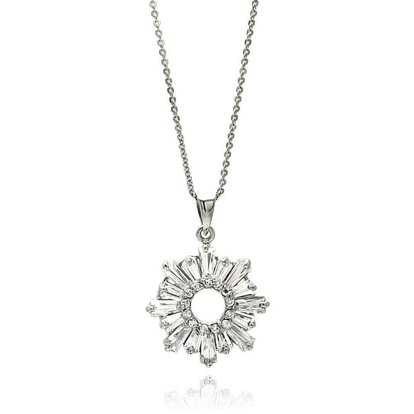 Closeout-Silver 925 Rhodium Plated Open Sun Baguette CZ Necklace - BGP00584 | Silver Palace Inc.