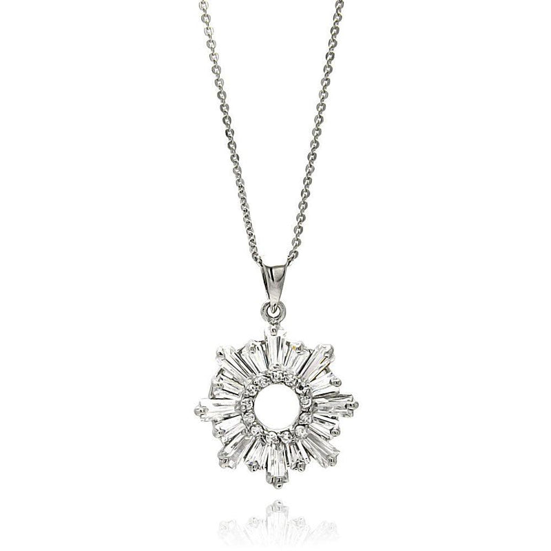 Closeout-Silver 925 Rhodium Plated Open Sun Baguette CZ Necklace - BGP00584 | Silver Palace Inc.