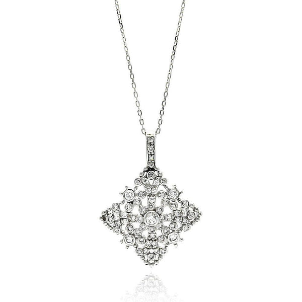 Closeout-Silver 925 Rhodium Plated Open Square Filigree CZ Necklace - BGP00594 | Silver Palace Inc.