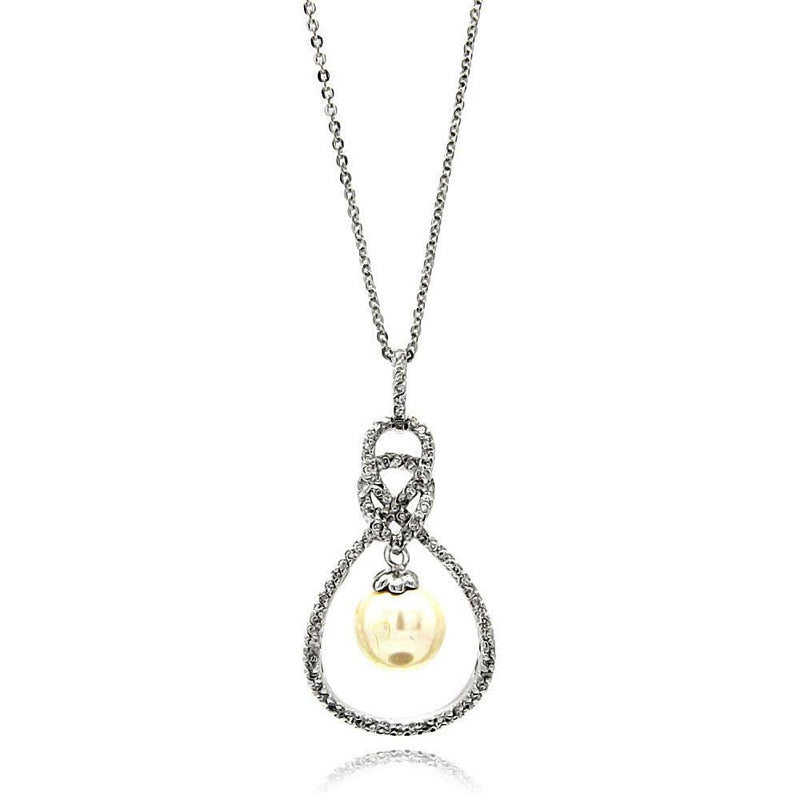 Silver 925 Rhodium Plated Open Teardrop CZ Center Pearl Necklace - BGP00600 | Silver Palace Inc.