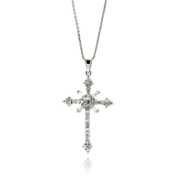 Silver 925 Rhodium Plated Cross CZ Necklace - BGP00604 | Silver Palace Inc.