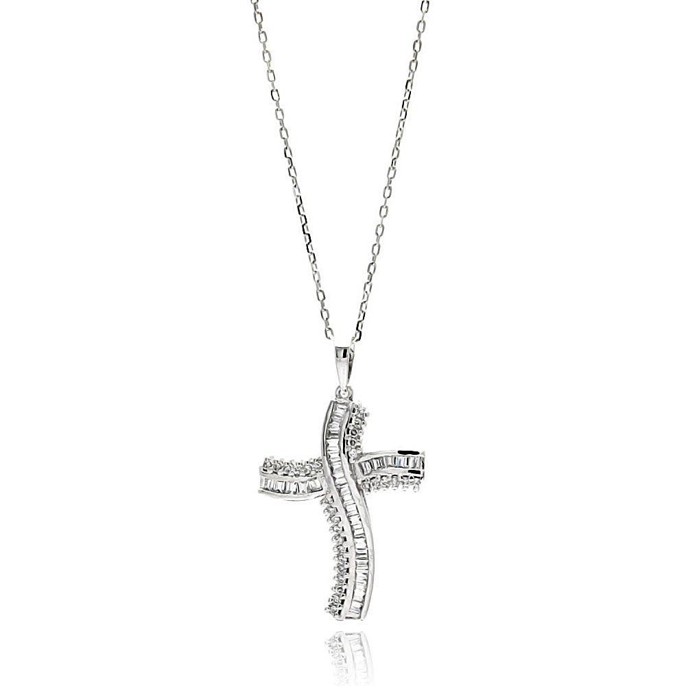 Silver 925 Rhodium Plated Curvy Cross CZ Necklace - BGP00613 | Silver Palace Inc.