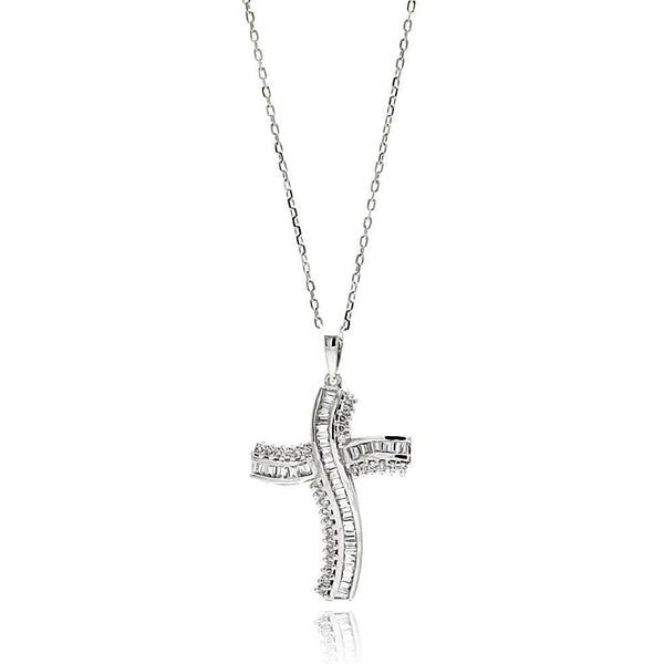 Silver 925 Rhodium Plated Curvy Cross CZ Necklace - BGP00613 | Silver Palace Inc.