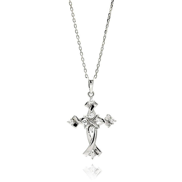 Silver 925 Rhodium Plated Cross CZ Necklace - BGP00615 | Silver