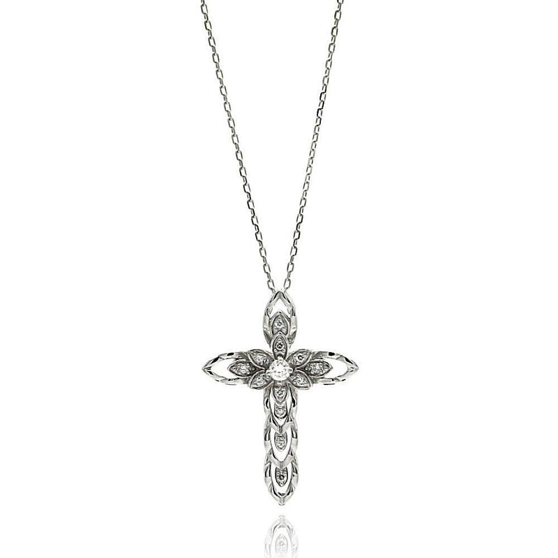Silver 925 Rhodium Plated Open Cross CZ Necklace - BGP00617 | Silver Palace Inc.