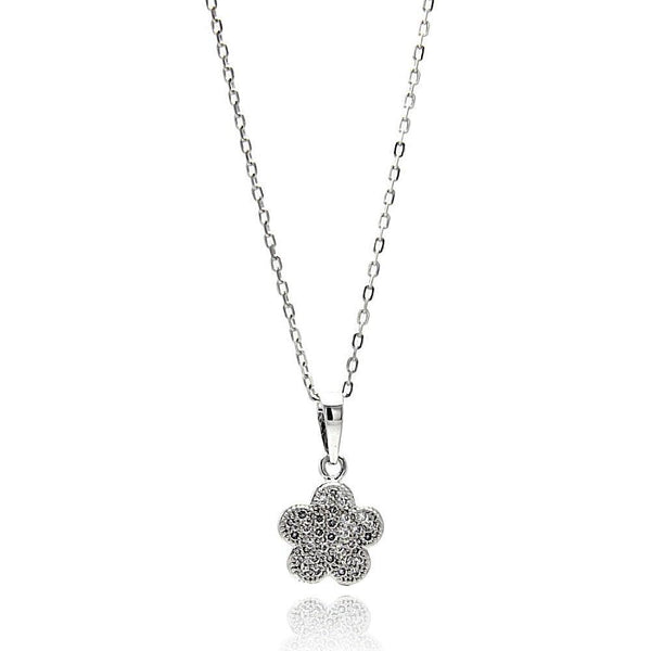 Silver 925 Rhodium Plated Micro Pave Flower CZ Necklace - BGP00623 | Silver Palace Inc.
