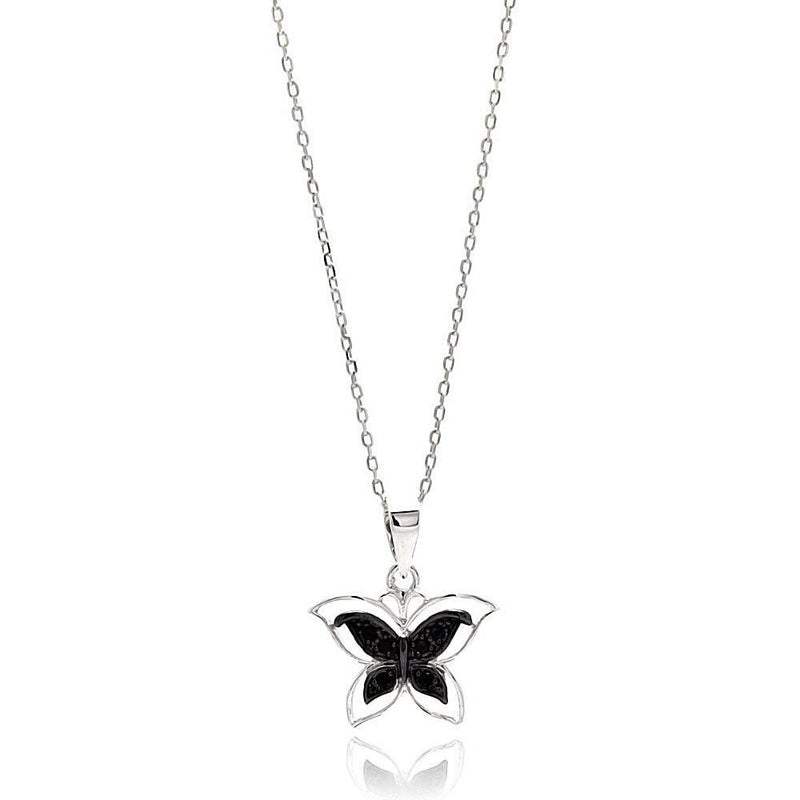 Silver 925 Rhodium Plated Open Butterfly Black and Clear CZ Necklace - BGP00627 | Silver Palace Inc.