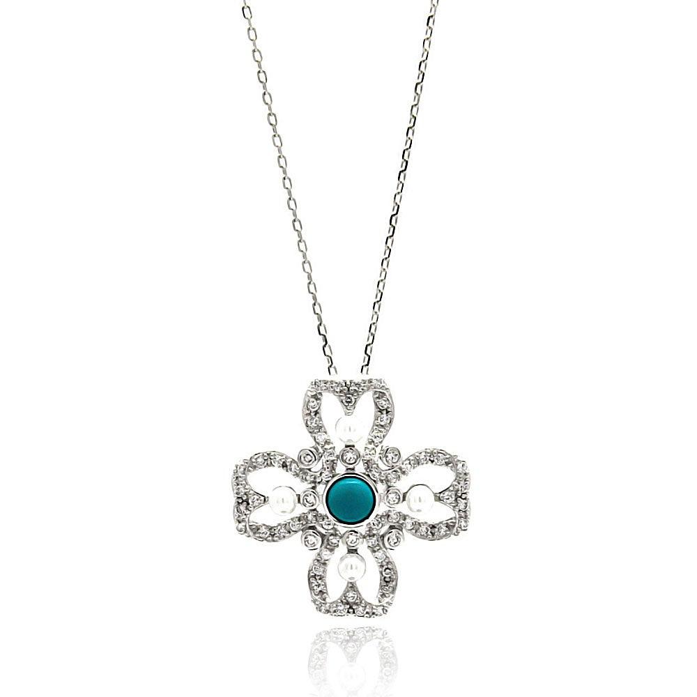 Silver 925 Rhodium Plated Open Flower Center Blue CZ Necklace - BGP00628 | Silver Palace Inc.