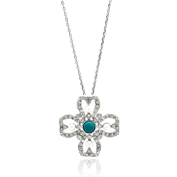 Silver 925 Rhodium Plated Open Flower Center Blue CZ Necklace - BGP00628 | Silver Palace Inc.