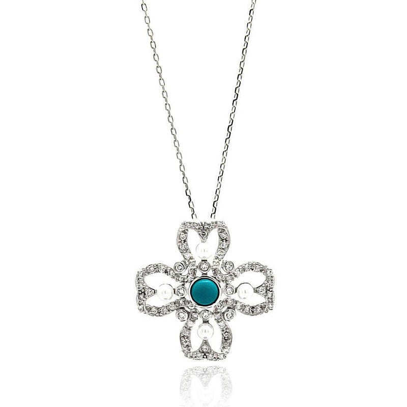 Silver 925 Rhodium Plated Open Flower Center Blue CZ Necklace - BGP00628 | Silver Palace Inc.